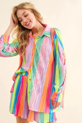 Blue Rainbow Pleated Shirt and Shorts Set