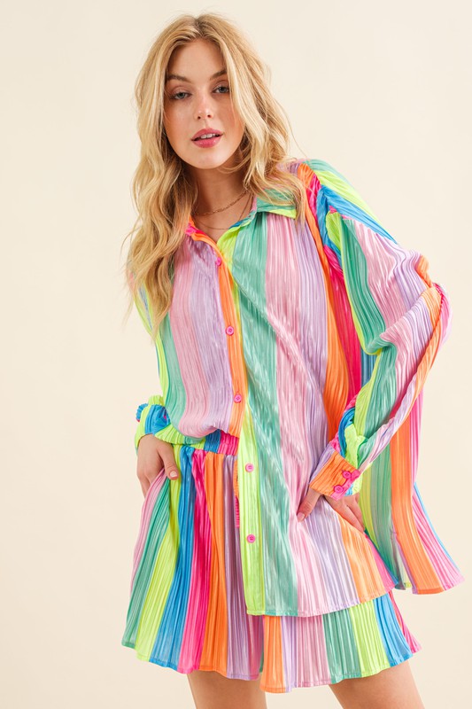 Blue Rainbow Pleated Shirt and Shorts Set