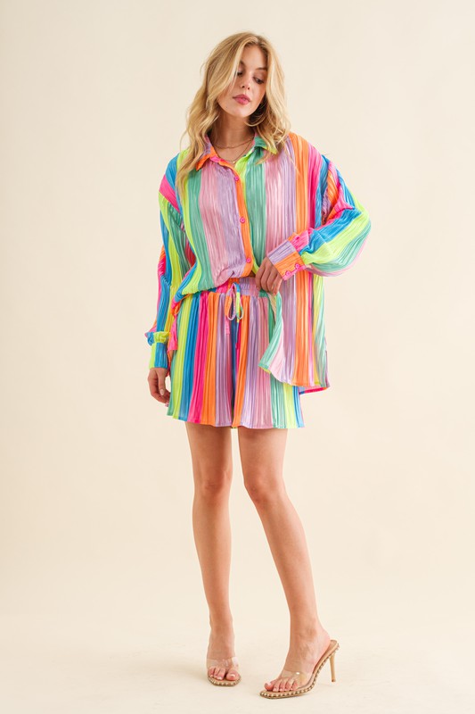 Blue Rainbow Pleated Shirt and Shorts Set