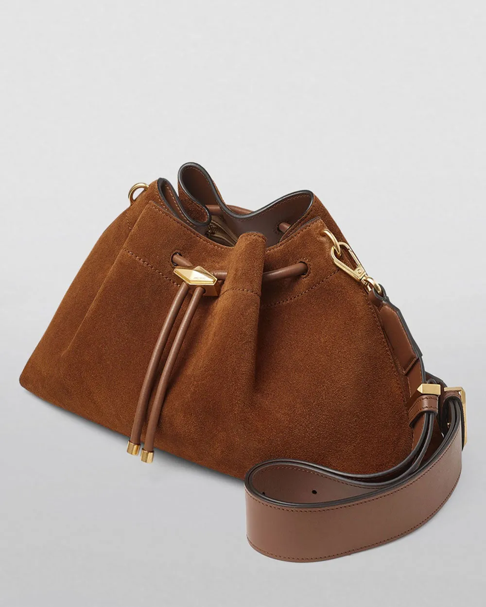 Bon Bon Drawstring Suede Shoulder Bag in Tan