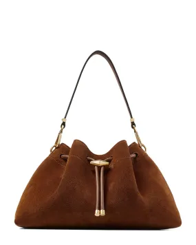 Bon Bon Drawstring Suede Shoulder Bag in Tan