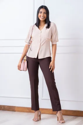 Brown Front Button Puff Sleeve Blouse - Slim Fit: Trendy Women's Top