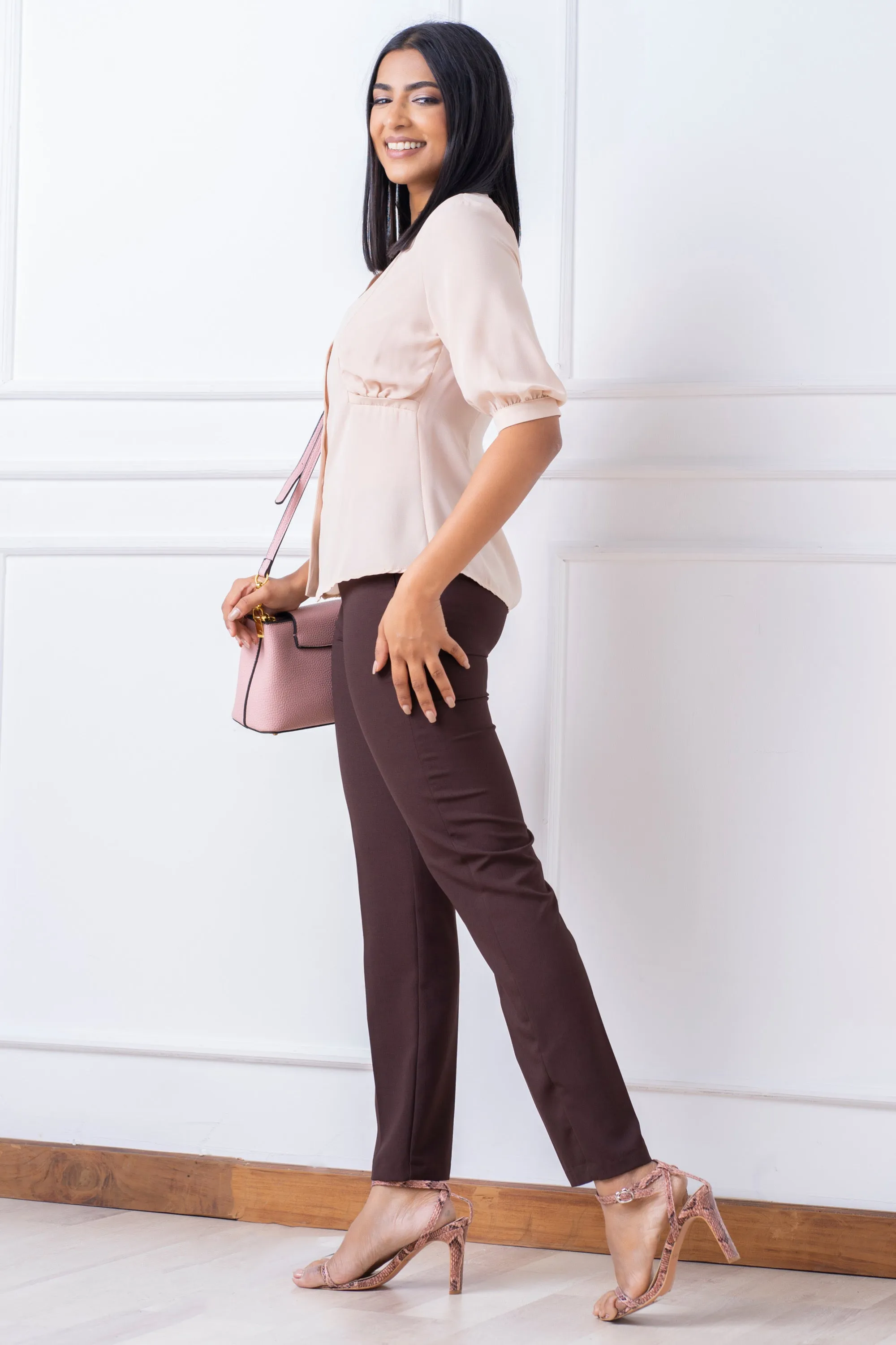 Brown Front Button Puff Sleeve Blouse - Slim Fit: Trendy Women's Top