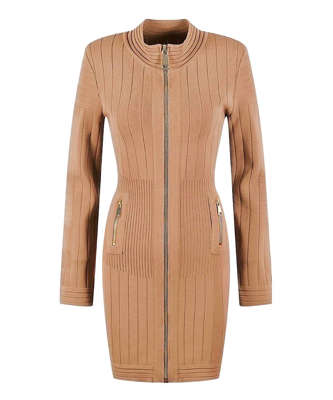 Brown Knitted Mini Dress with Zipper - Buy Now