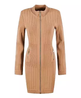 Brown Knitted Mini Dress with Zipper - Buy Now