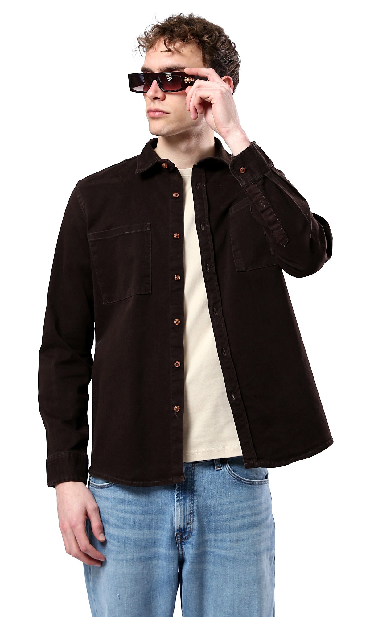 Brown Long Sleeve Shirt with Classic Collar - O175644