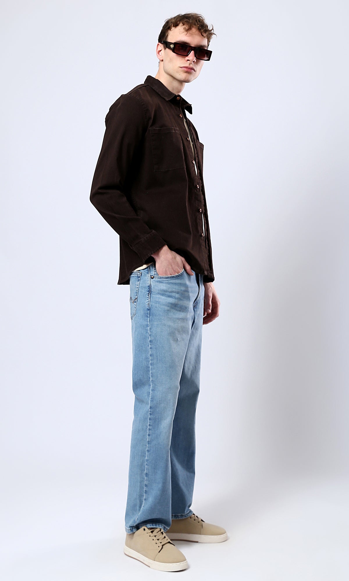 Brown Long Sleeve Shirt with Classic Collar - O175644