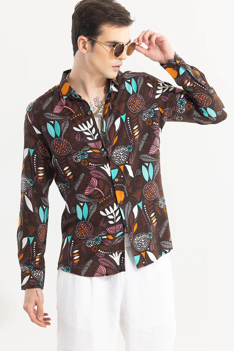 Brown shirt with botanical pattern