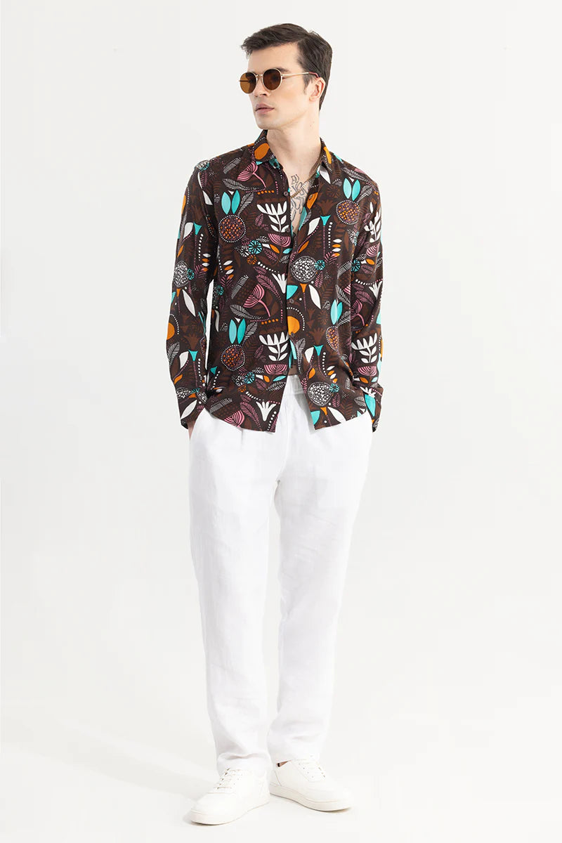 Brown shirt with botanical pattern