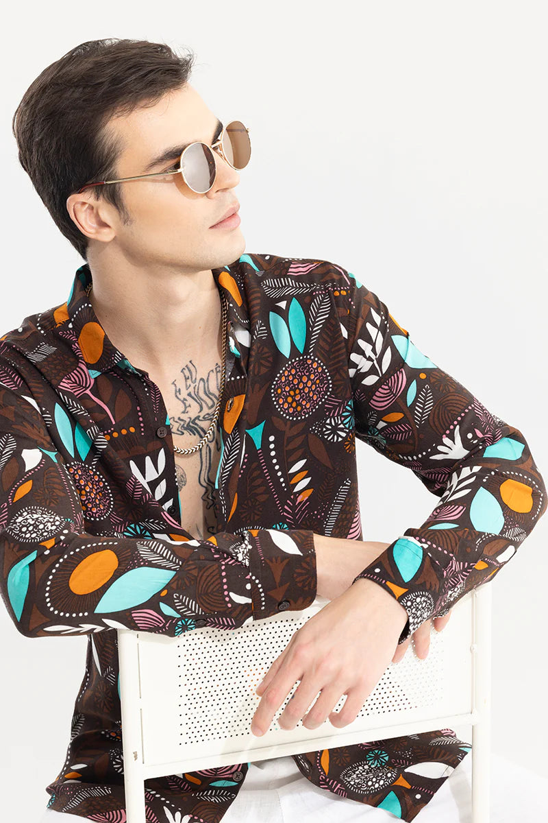 Brown shirt with botanical pattern