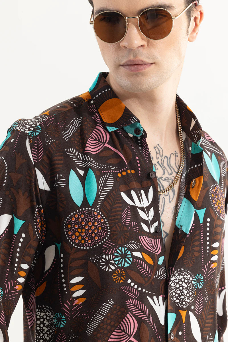 Brown shirt with botanical pattern