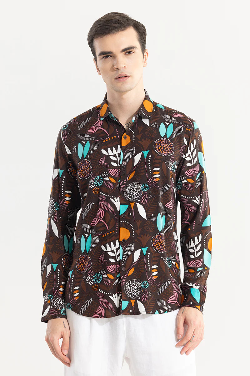 Brown shirt with botanical pattern