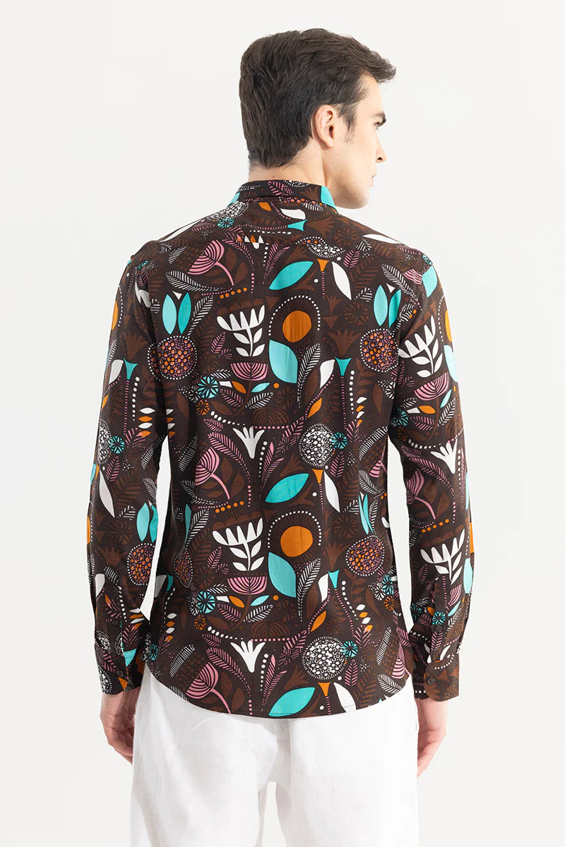 Brown shirt with botanical pattern