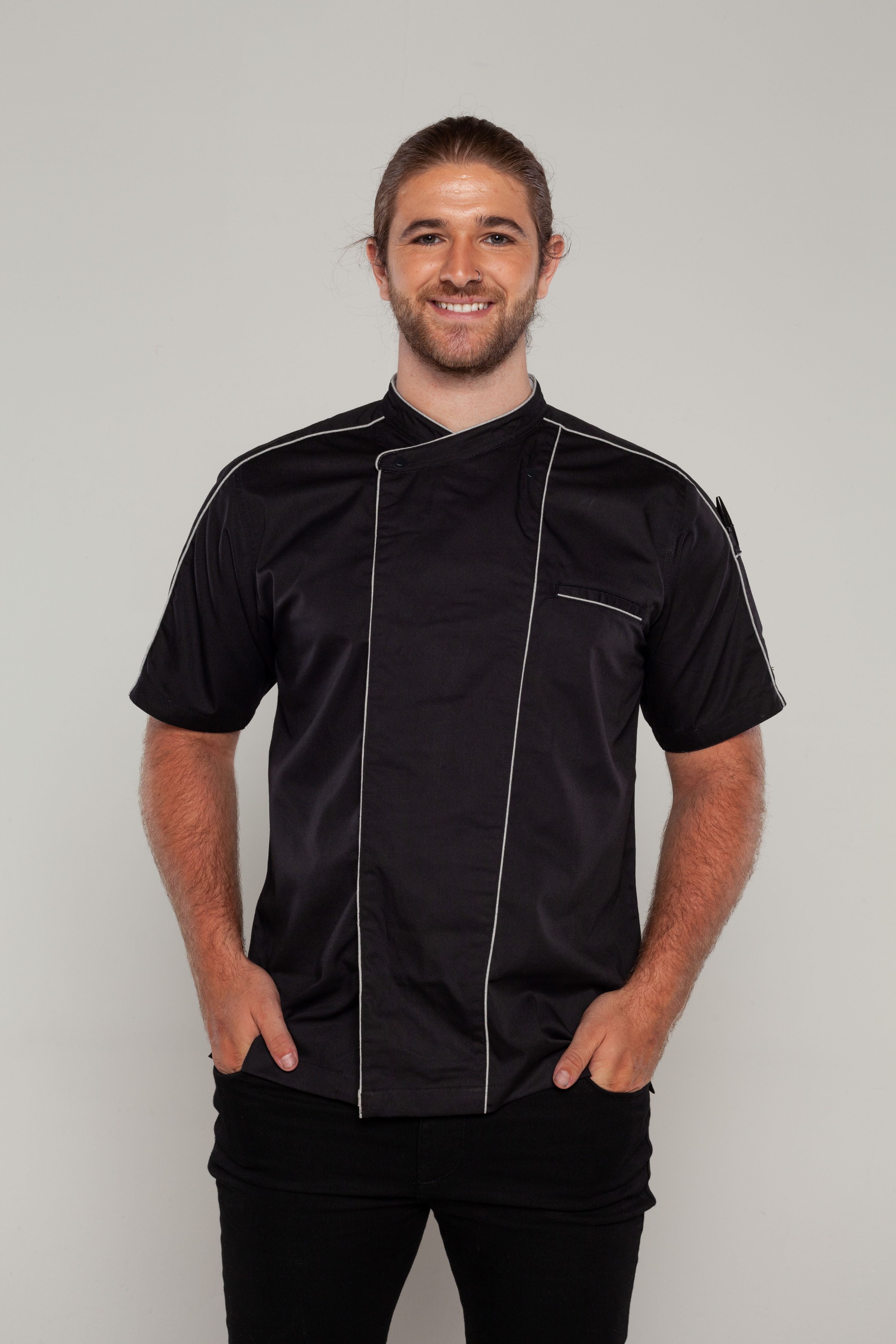 Bryan Chef Jacket - Black Grey Trim Coolvent.