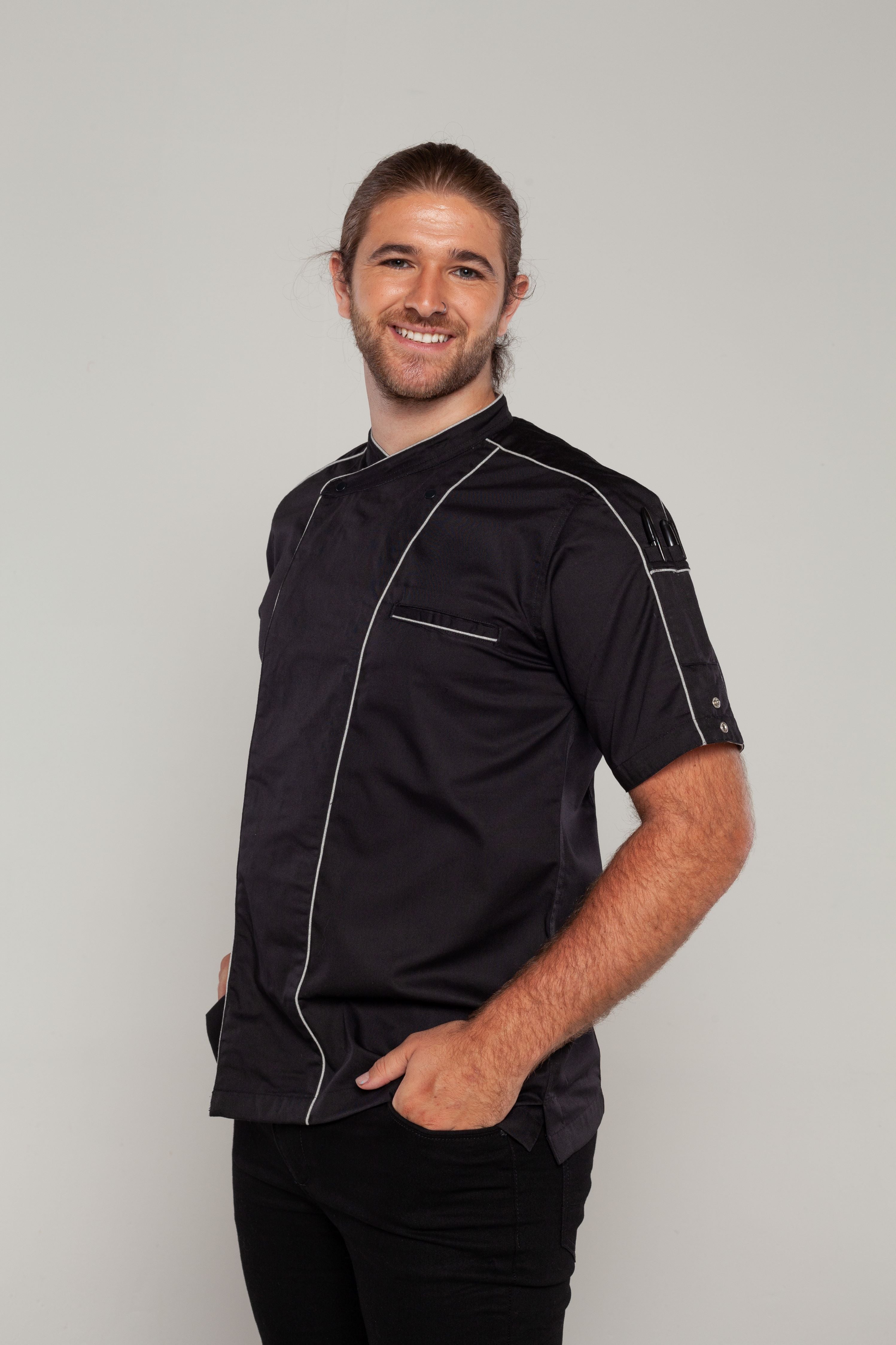 Bryan Chef Jacket - Black Grey Trim Coolvent.