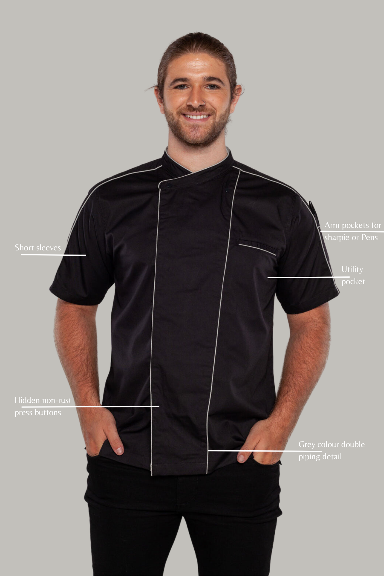 Bryan Chef Jacket - Black Grey Trim Coolvent.