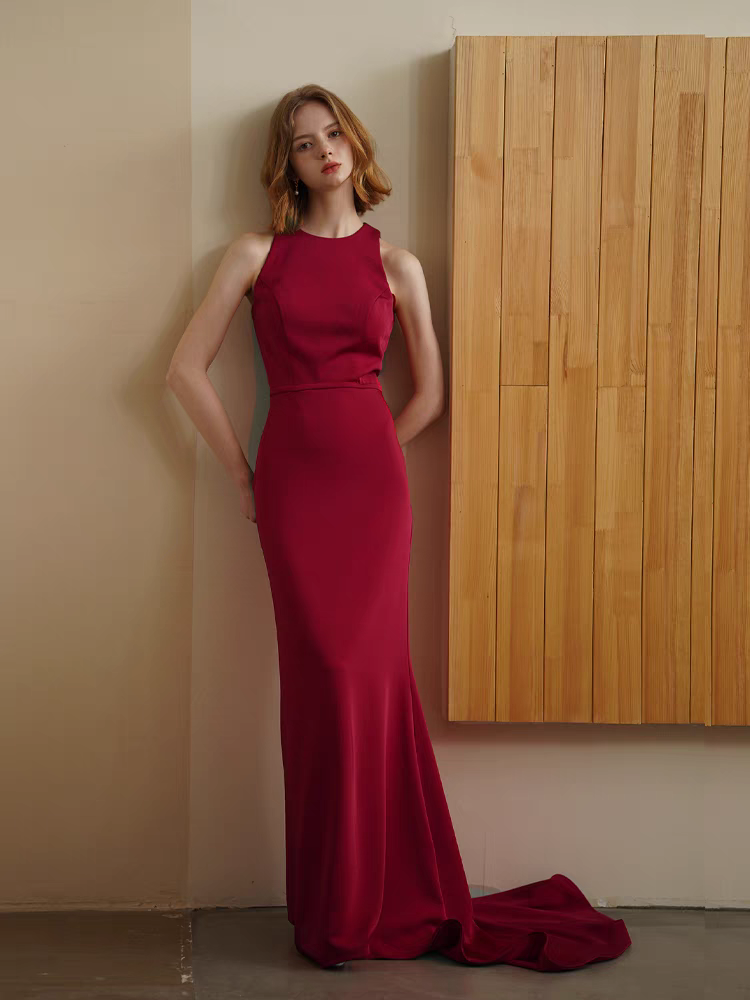 Burgundy Sleek Formal Dress with Long Train - Arussa Sleeveless Gown