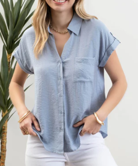 Medium Blue Button Down Top with Short Sleeves