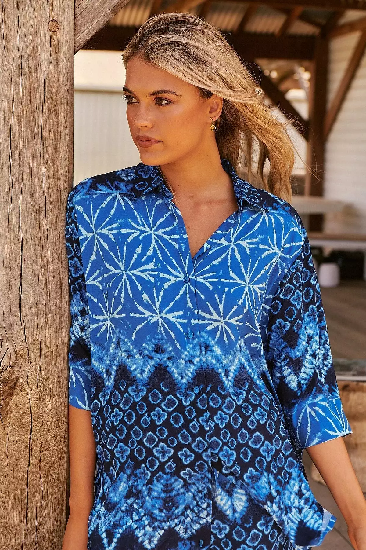 Cabana Shirt Blouse - Tranquil Tides Collection can be rewritten as Tranquil Tides Cabana Shirt Blouse for better Google SEO.