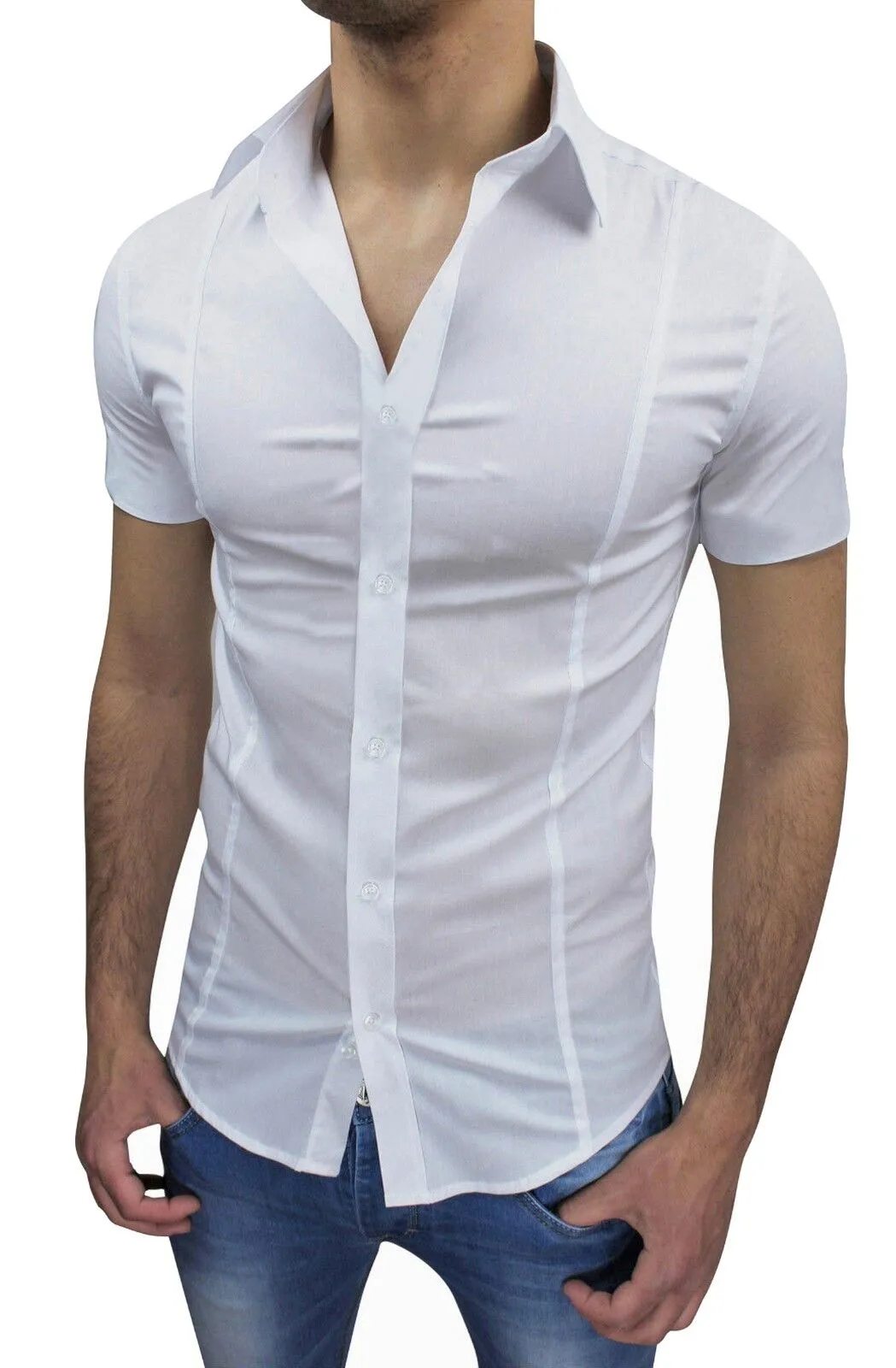 White Stretch Casual Slim Fit Men's Shirt with Short Sleeves