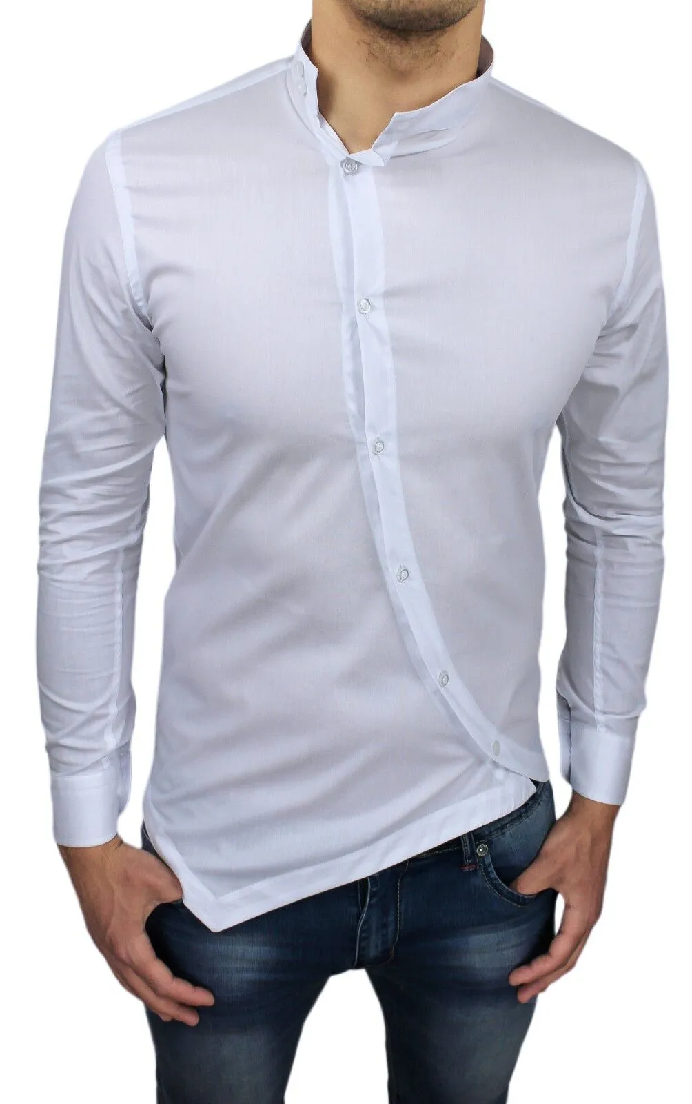 White Cotton Slim Fit Men's Shirt with Mandarin Collar