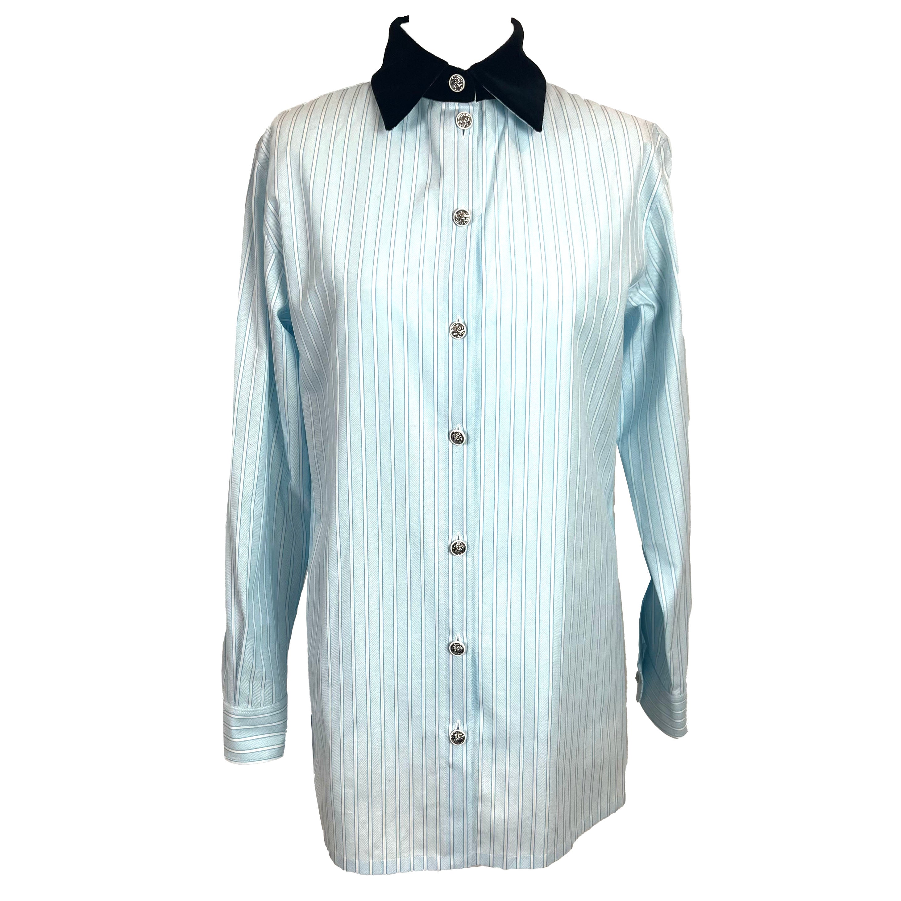 Chanel 2790 Blue Stripe Cotton Shirt with Velvet Collar - XS