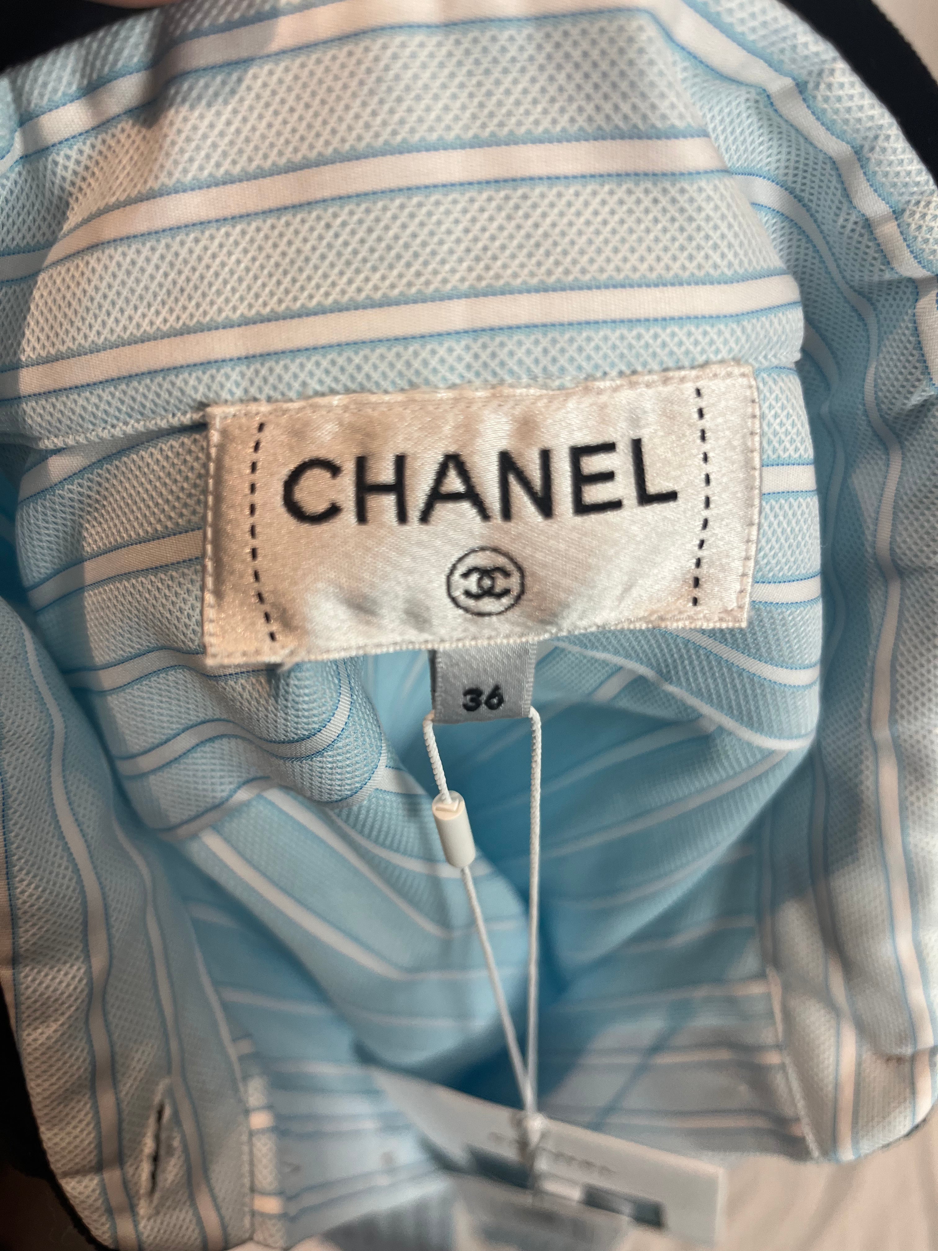 Chanel 2790 Blue Stripe Cotton Shirt with Velvet Collar - XS