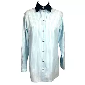 Chanel 2790 Blue Stripe Cotton Shirt with Velvet Collar - XS