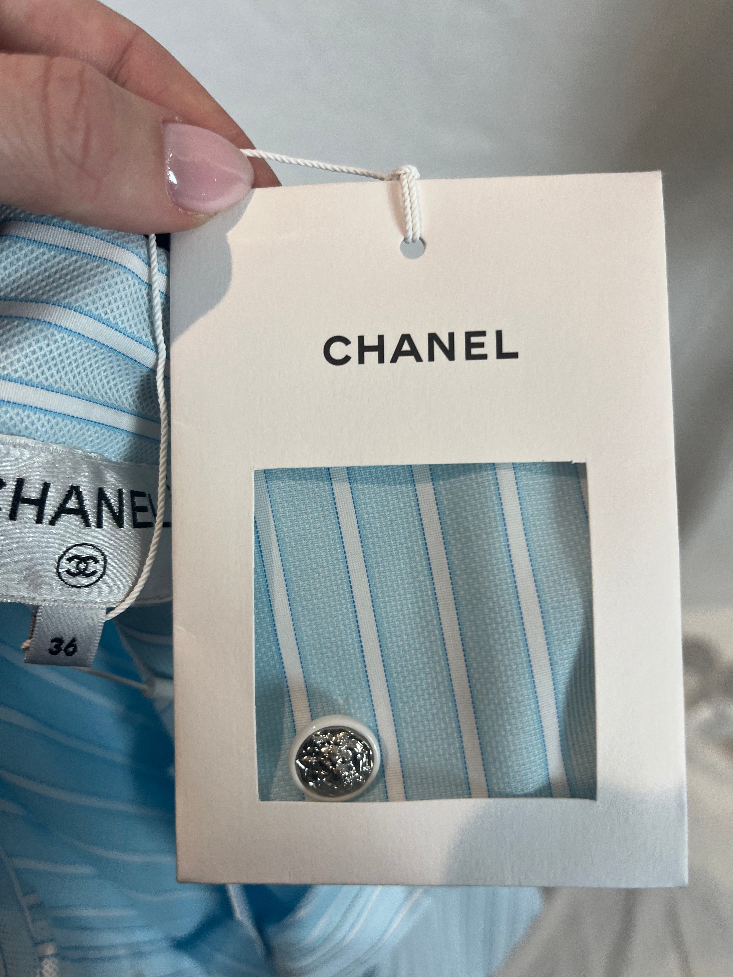 Chanel 2790 Blue Stripe Cotton Shirt with Velvet Collar - XS