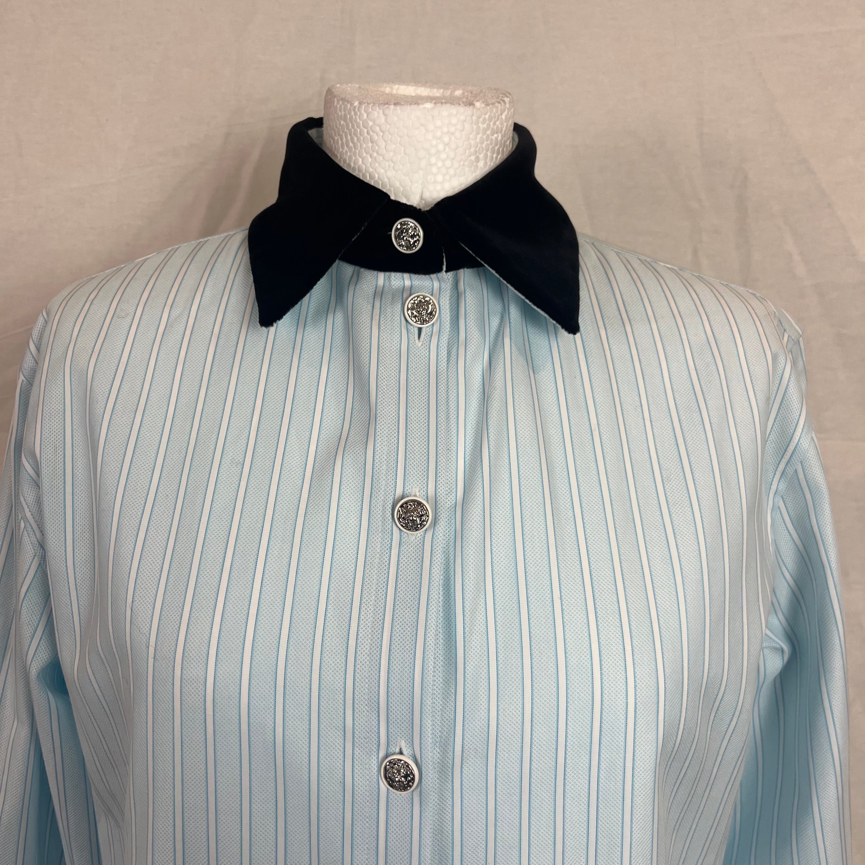 Chanel 2790 Blue Stripe Cotton Shirt with Velvet Collar - XS