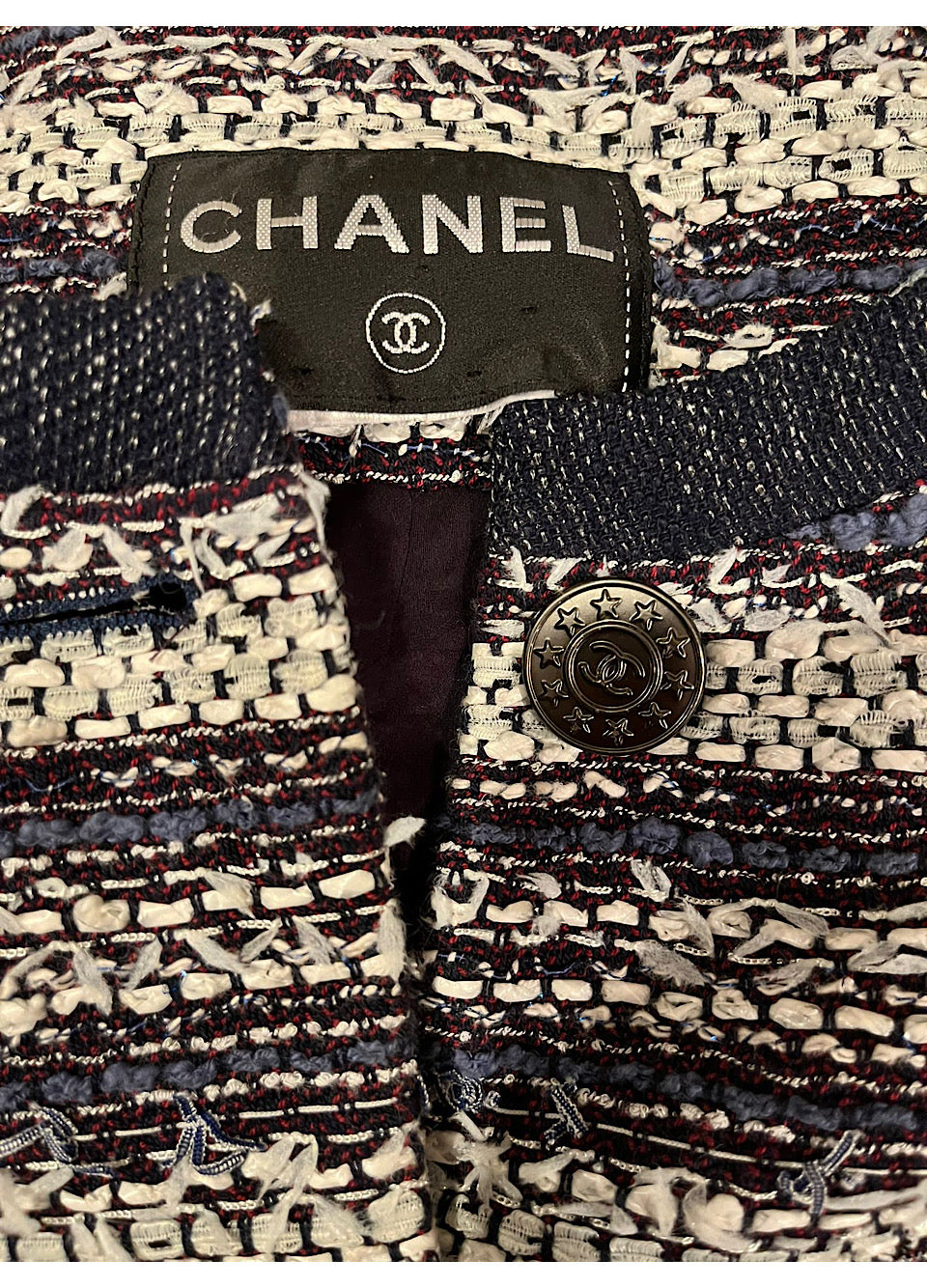 Chanel blue white striped tweed jacket 2013, size US 10/12