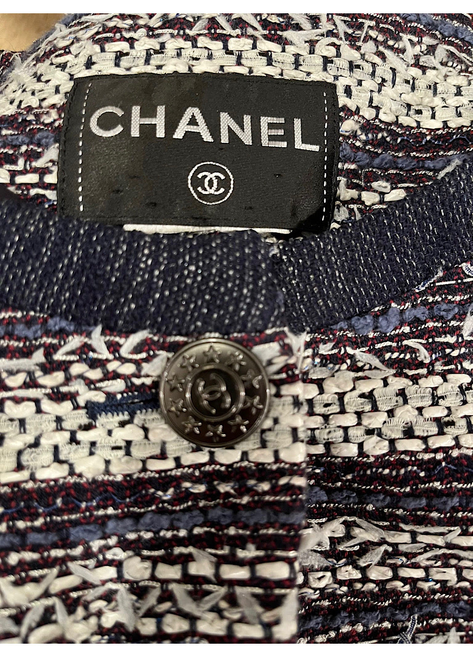 Chanel blue white striped tweed jacket 2013, size US 10/12