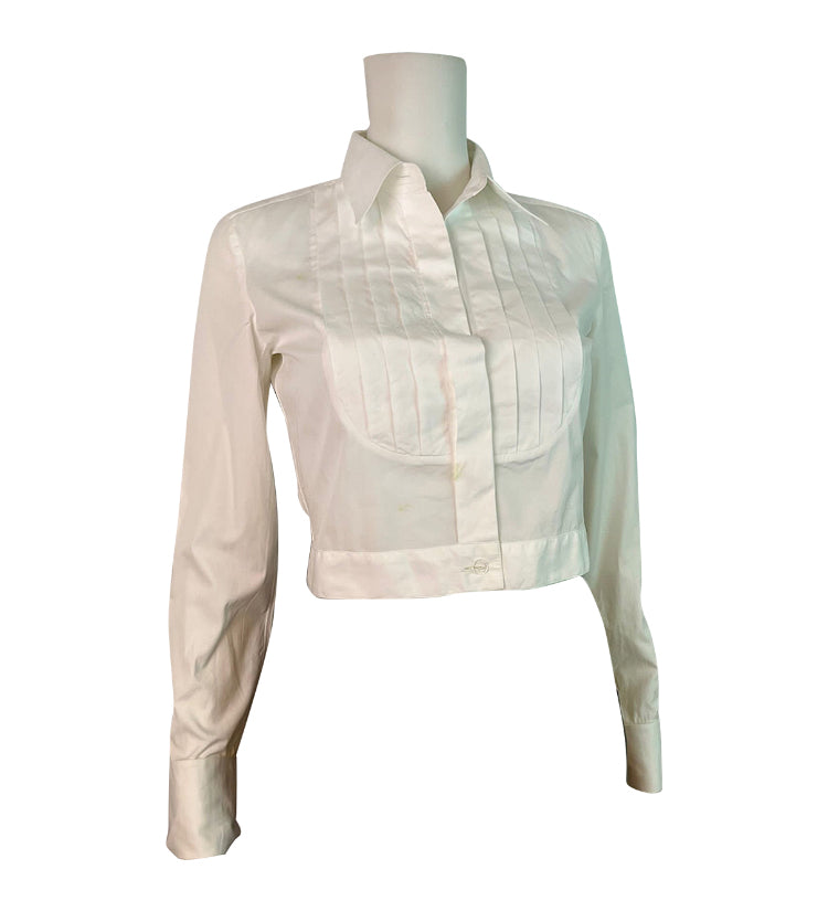 Chanel Vintage White Cotton Pleated Shirt Top Blouse - Size 2