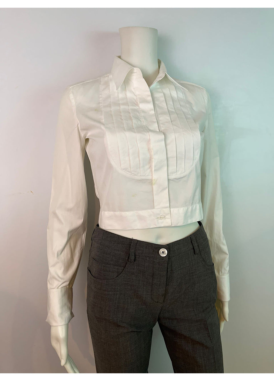 Chanel Vintage White Cotton Pleated Shirt Top Blouse - Size 2