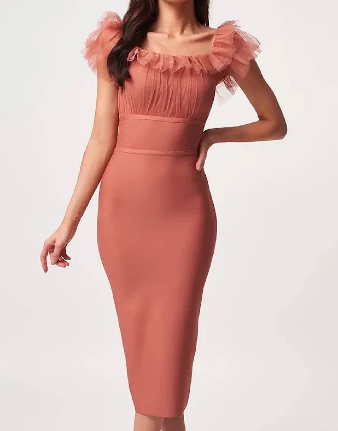 Chiffon Midi Dress, Ruched Neckline