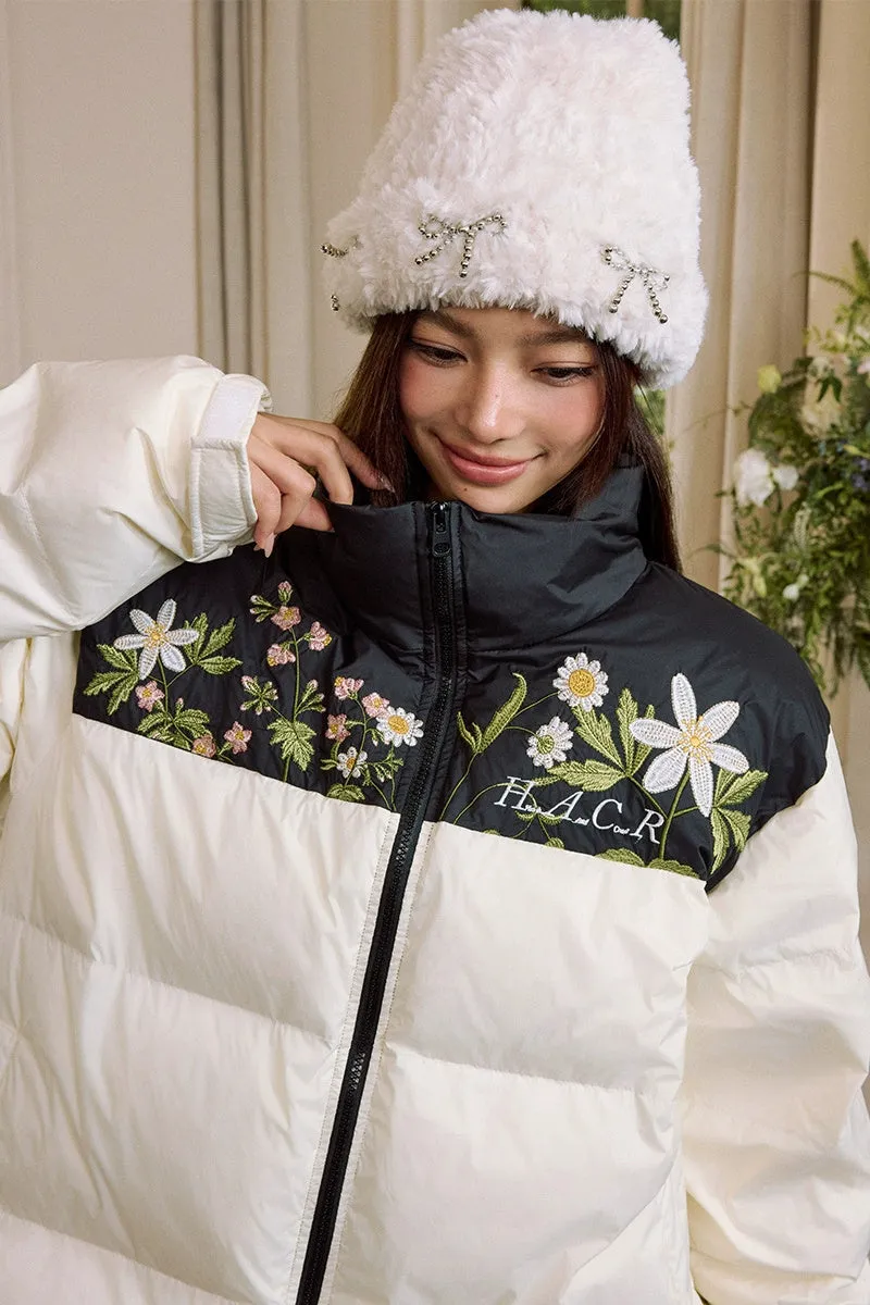 Colorblock Floral Embroidered Puffer