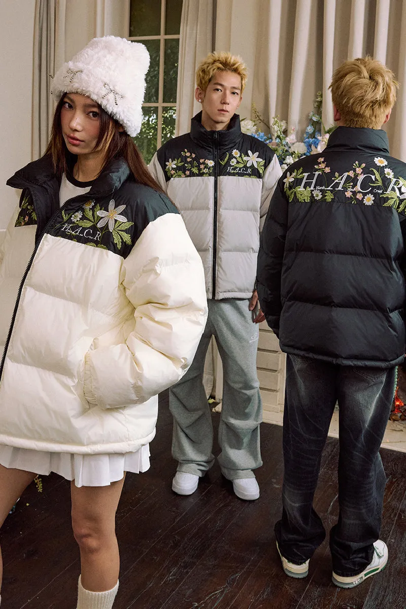 Colorblock Floral Embroidered Puffer