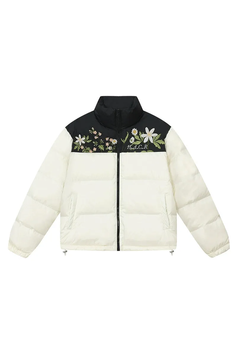 Colorblock Floral Embroidered Puffer