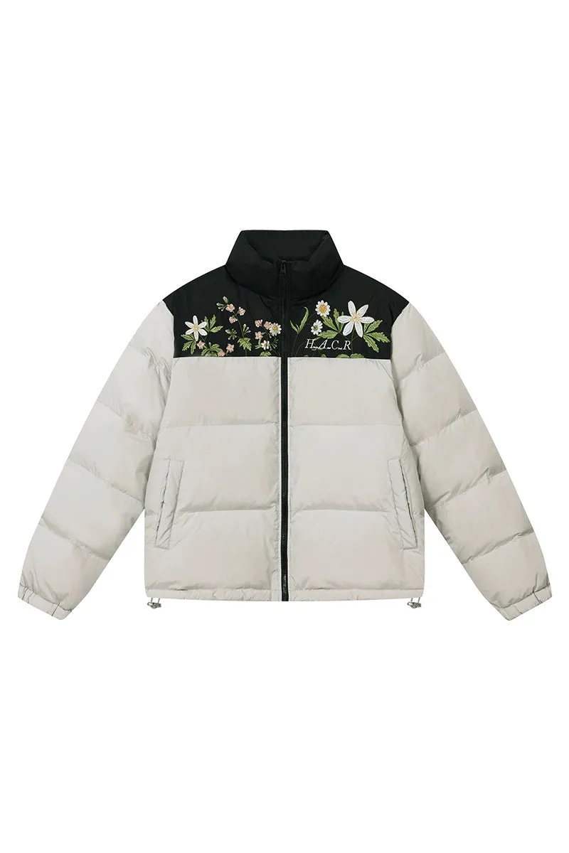 Colorblock Floral Embroidered Puffer