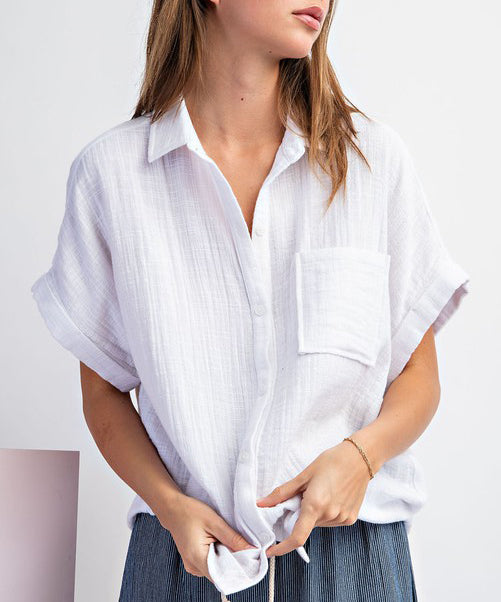 Cotton Gauze White Button Down Top