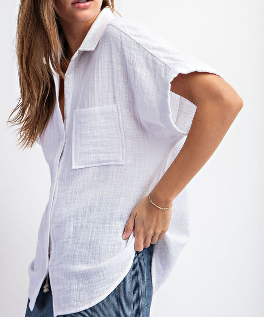 Cotton Gauze White Button Down Top