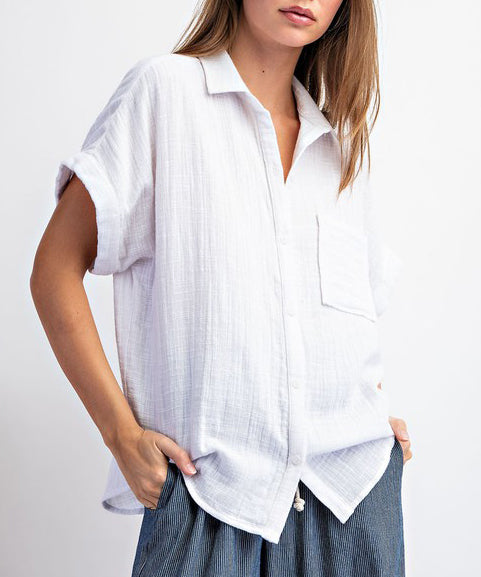 Cotton Gauze White Button Down Top