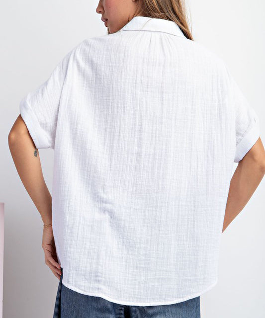 Cotton Gauze White Button Down Top