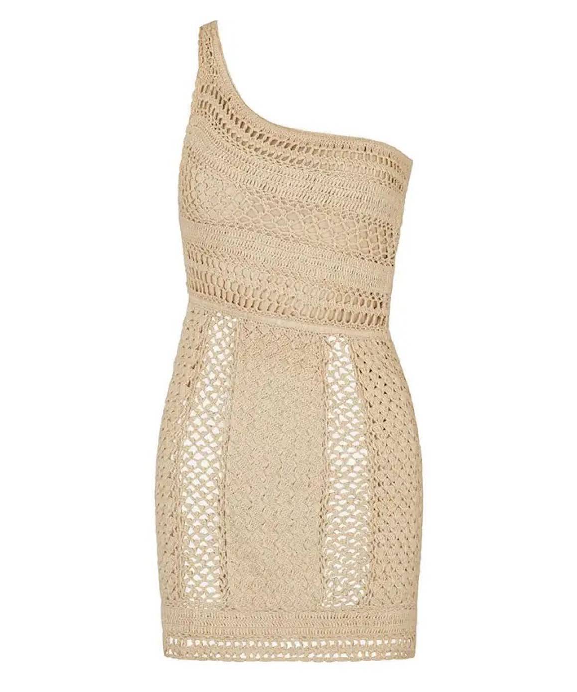 Crochet Beige One Shoulder Mini Dress