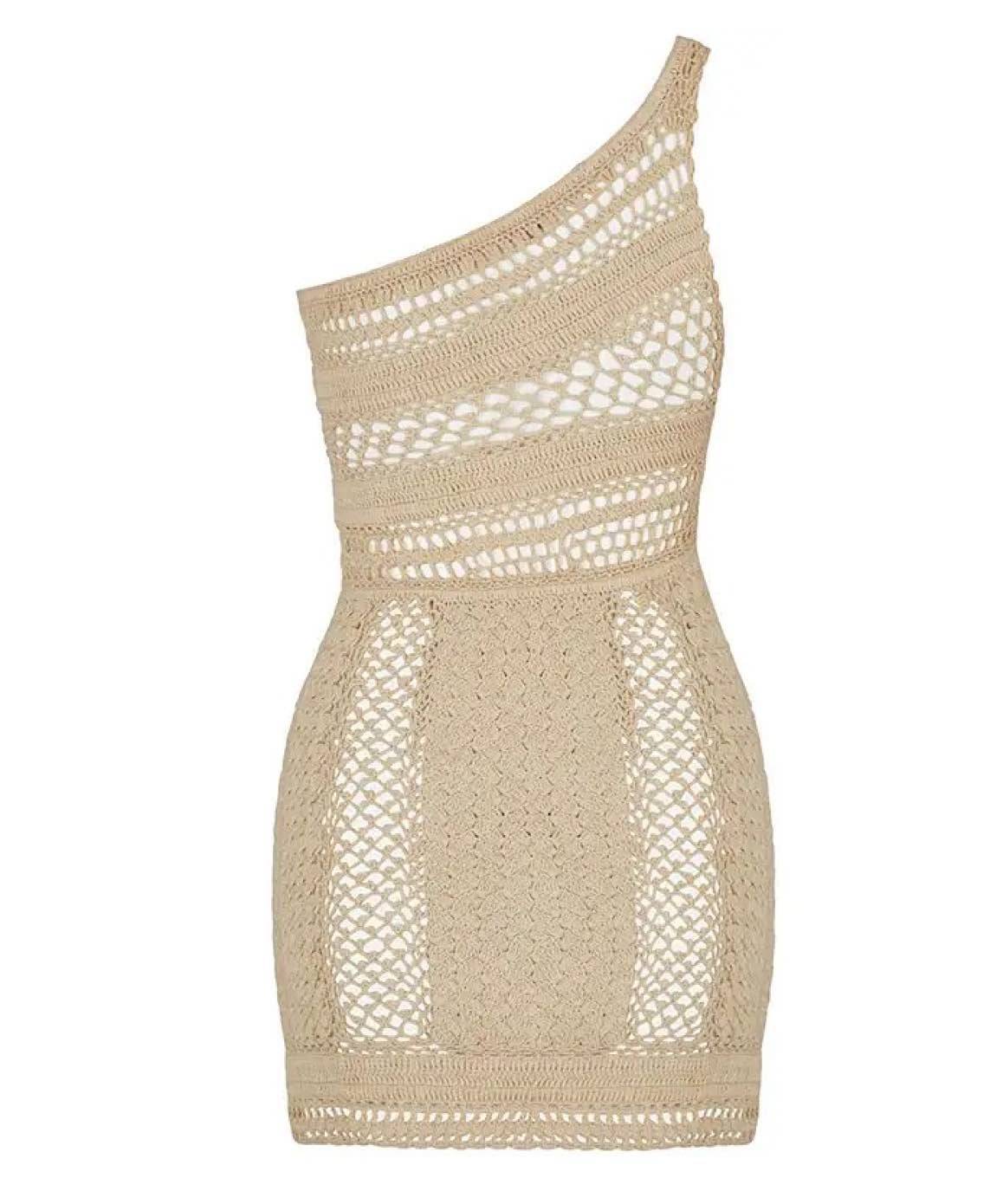 Crochet Beige One Shoulder Mini Dress