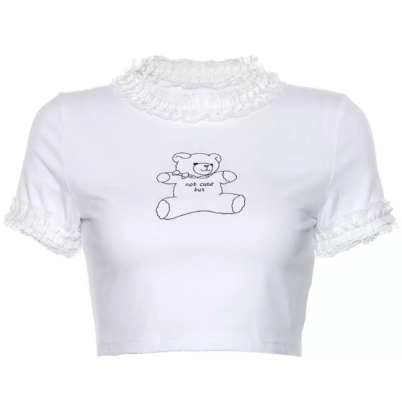 Cute Bear Lace White Crop Top Shirt