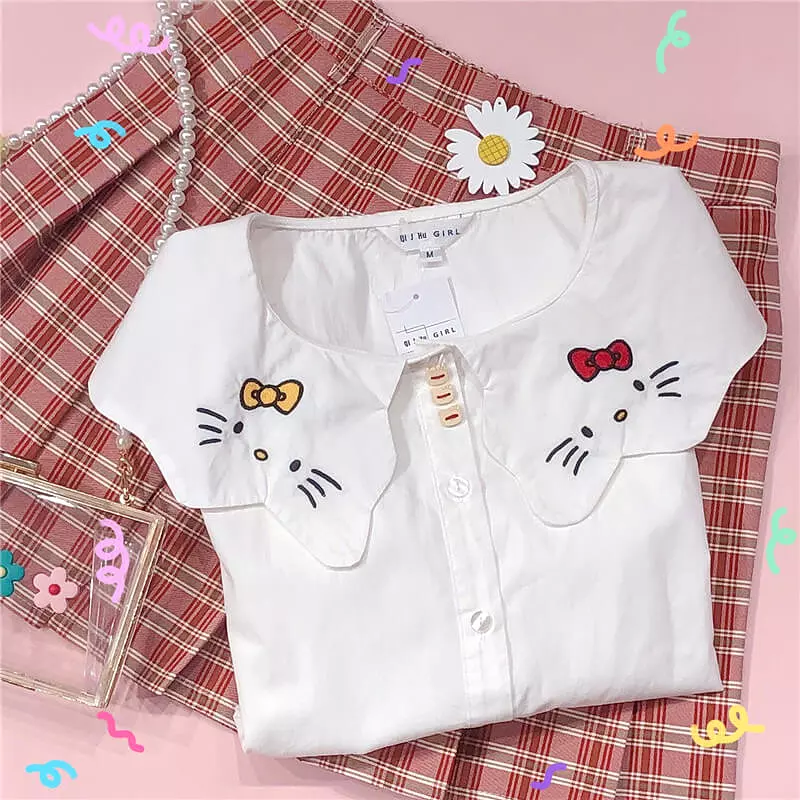 Cute cat white shirt with embroidery - BY42906