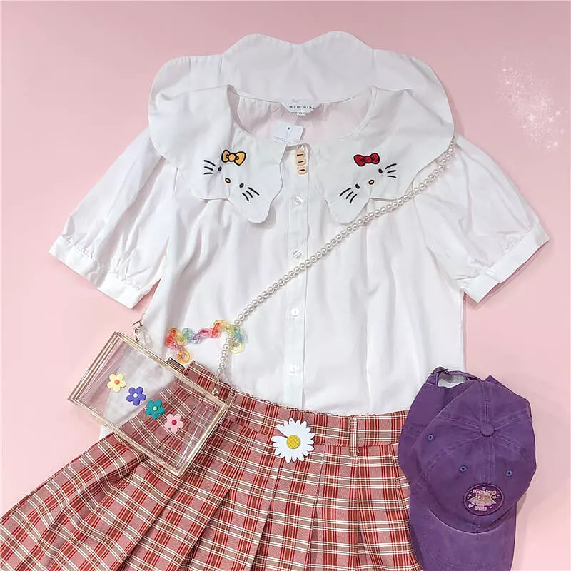 Cute cat white shirt with embroidery - BY42906