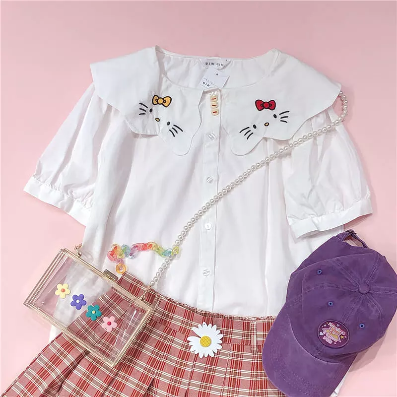 Cute cat white shirt with embroidery - BY42906