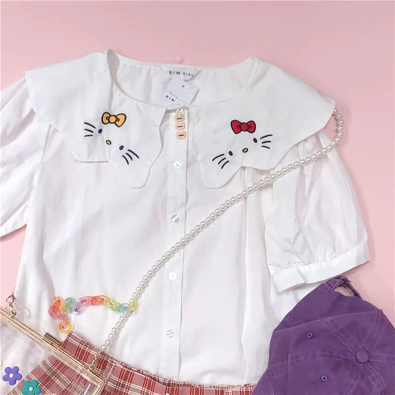 Cute cat white shirt with embroidery - BY42906